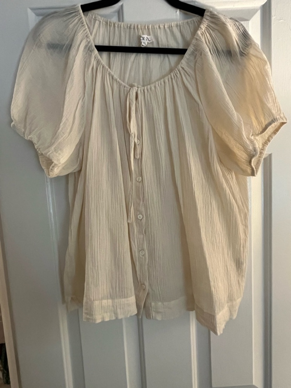 Alex Mill Rose Crinkle Tie Neck Cream Tie-Front Peasant Top - Picture 7 of 7
